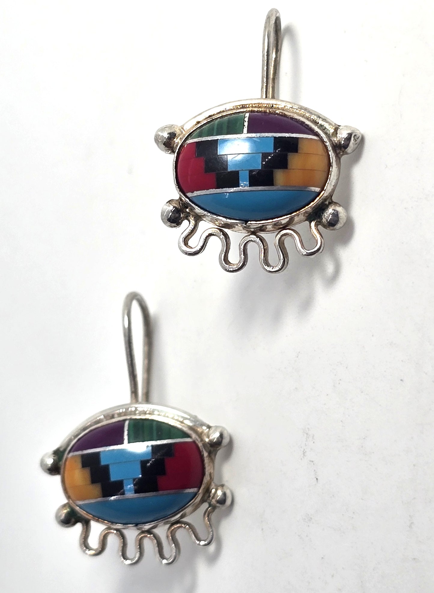 Southwestern multi gemstone eye inlay sterling silver vintage large earrings