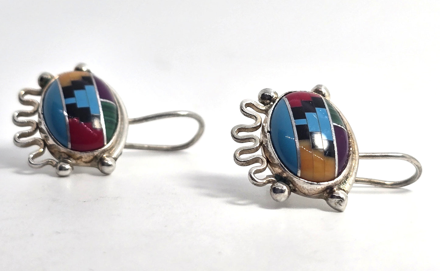 Southwestern multi gemstone eye inlay sterling silver vintage large earrings