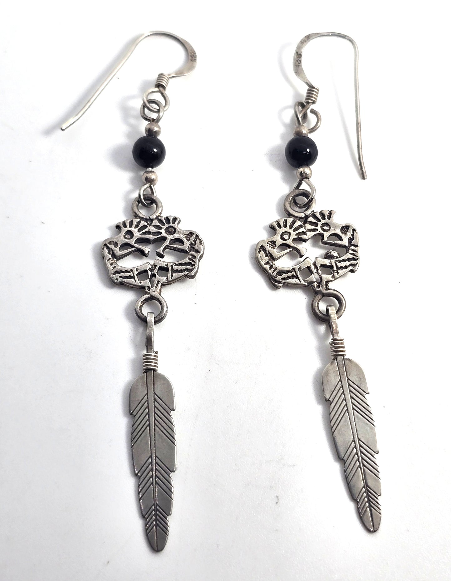 Kokopelli black onyx Vintage Sterling Silver feather drop earrings