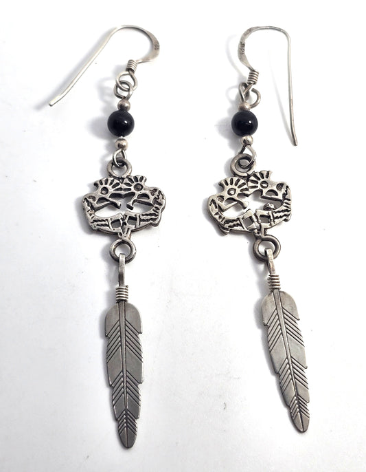 Kokopelli black onyx Vintage Sterling Silver feather drop earrings