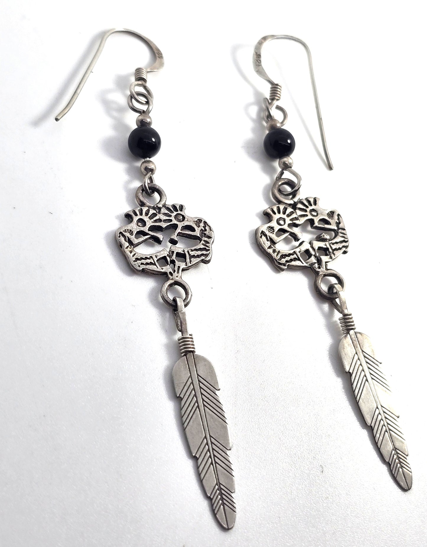 Kokopelli black onyx Vintage Sterling Silver feather drop earrings