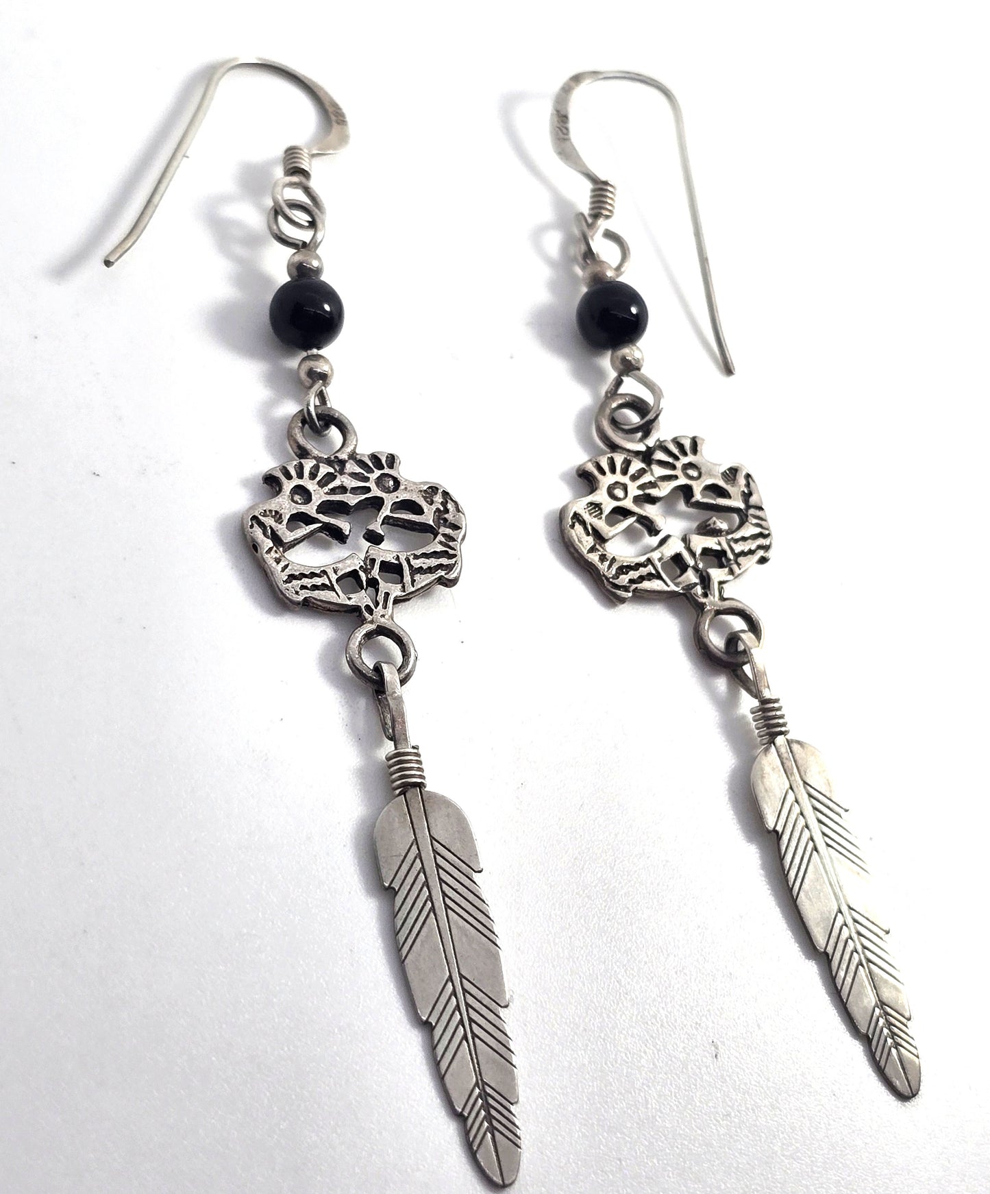 Kokopelli black onyx Vintage Sterling Silver feather drop earrings