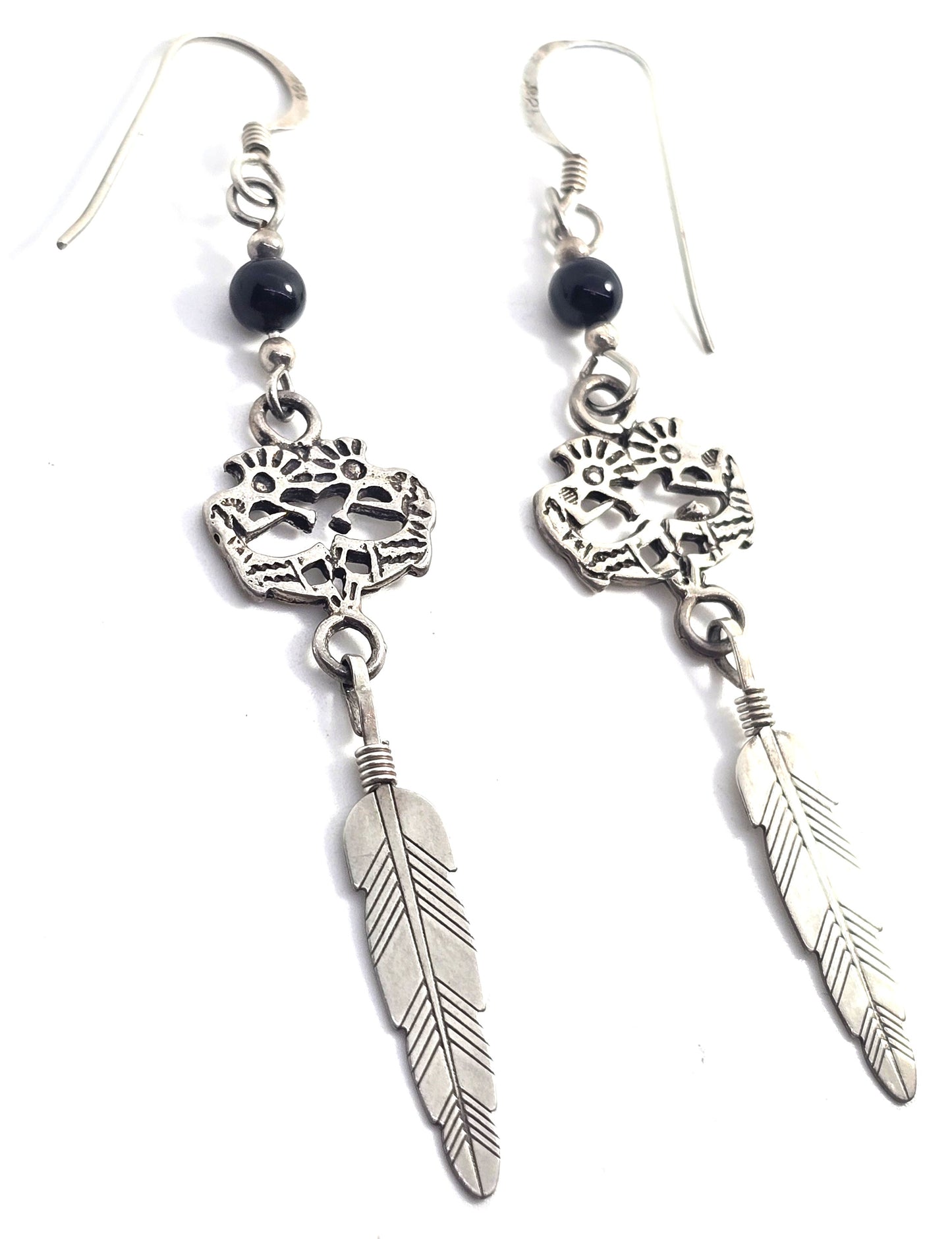 Kokopelli black onyx Vintage Sterling Silver feather drop earrings
