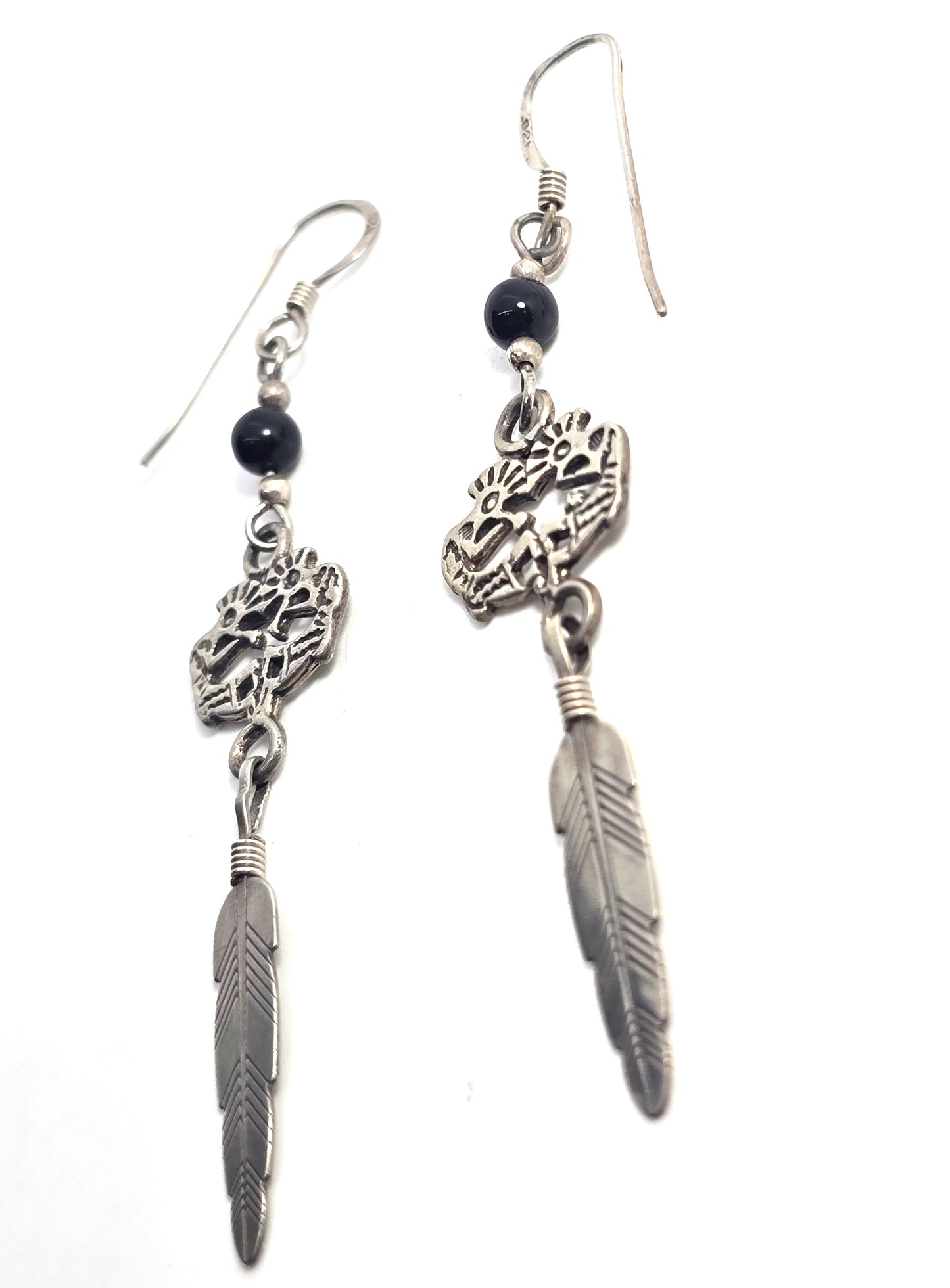 Kokopelli black onyx Vintage Sterling Silver feather drop earrings