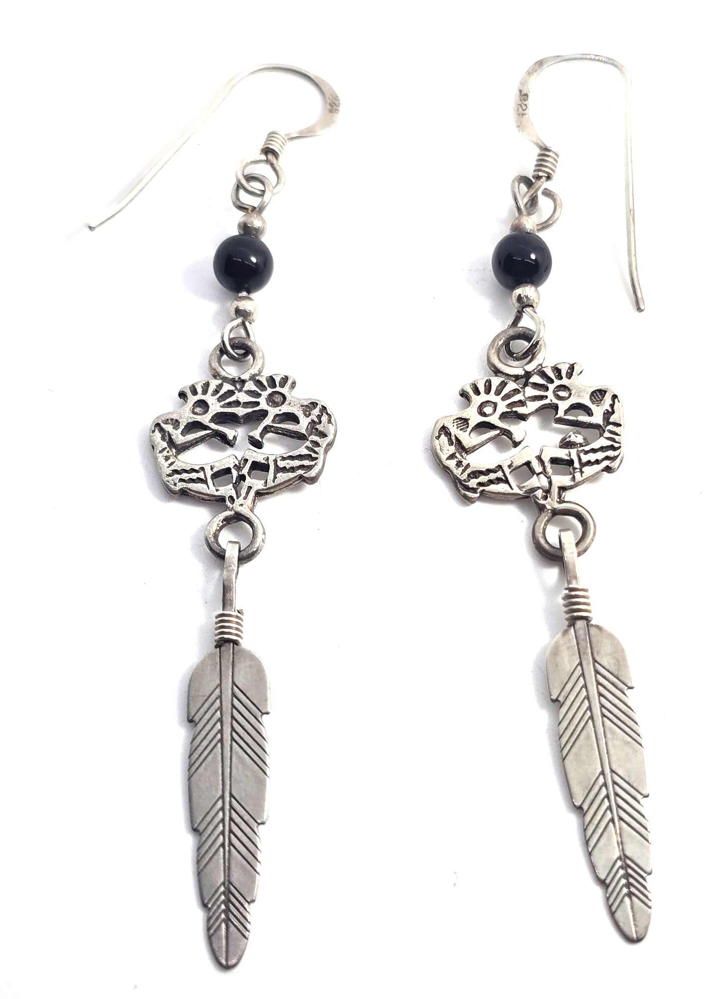 Kokopelli black onyx Vintage Sterling Silver feather drop earrings