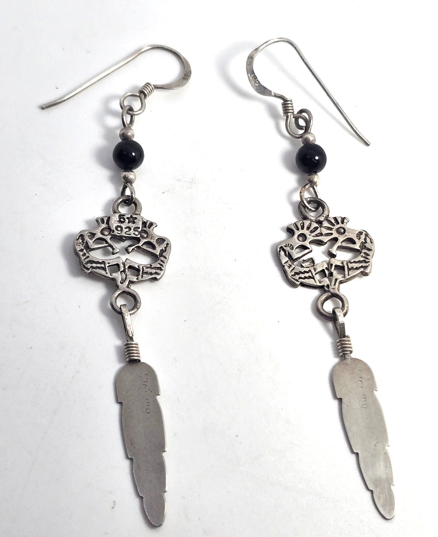 Kokopelli black onyx Vintage Sterling Silver feather drop earrings