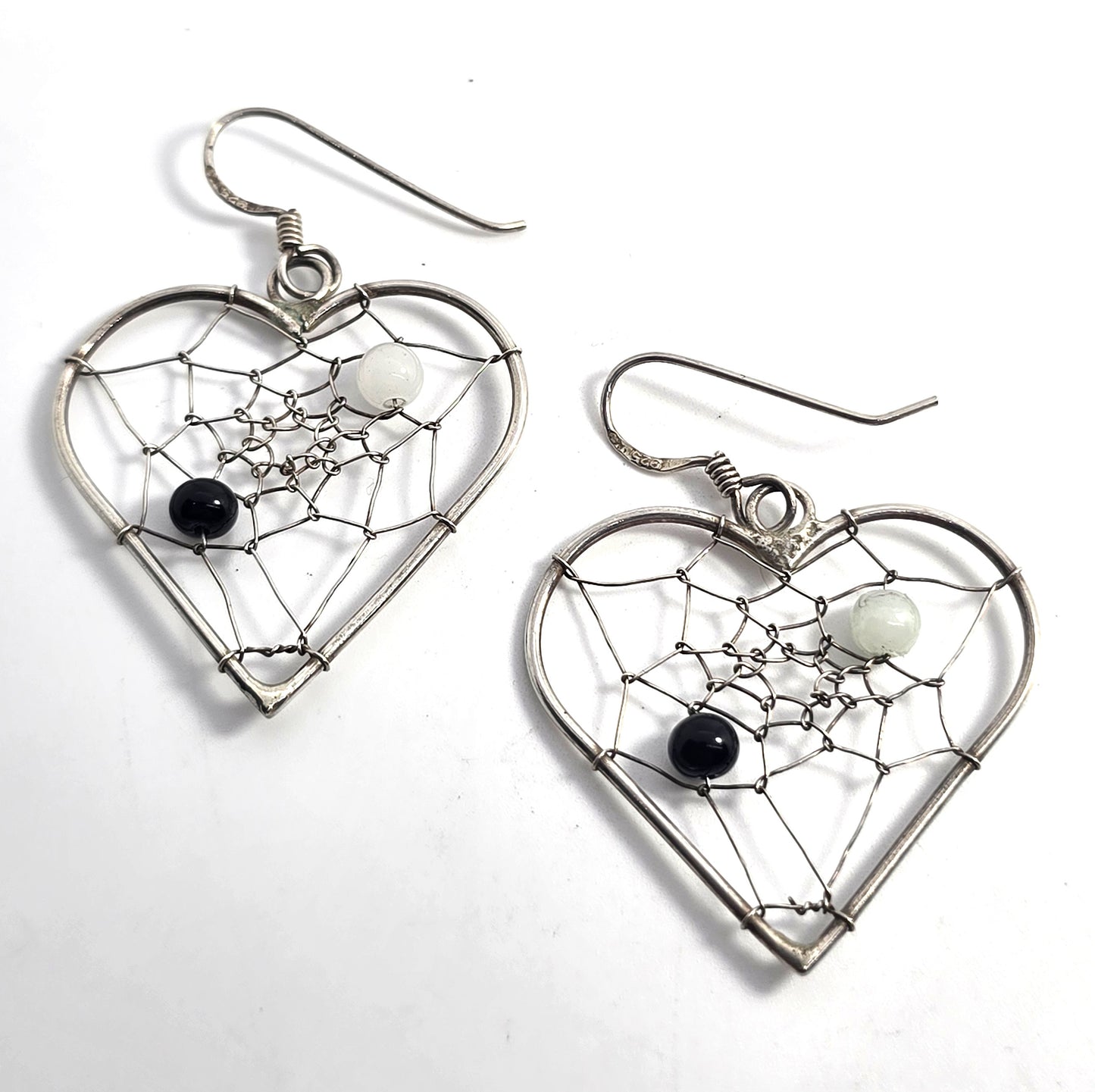 Dream catcher black & white heart sterling silver vintage Southwestern earrings