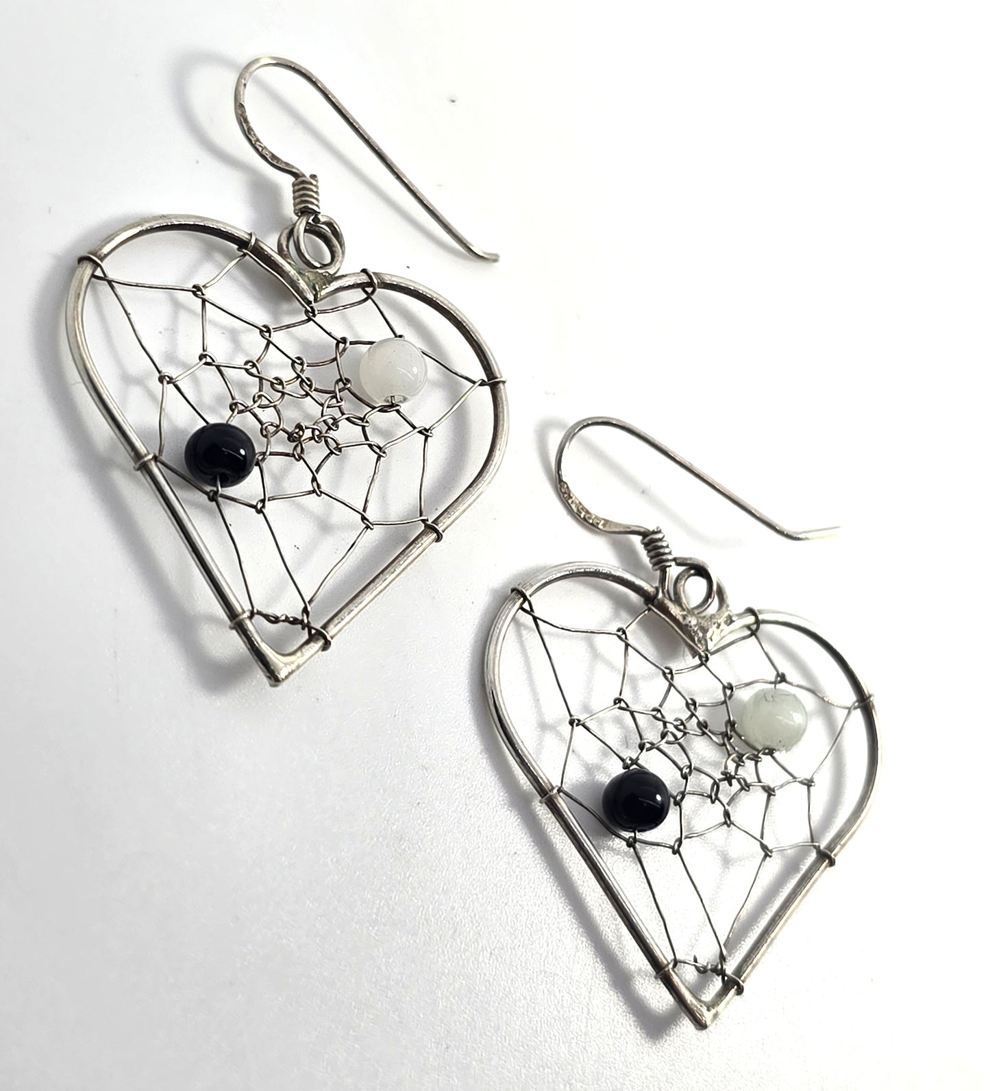 Dream catcher black & white heart sterling silver vintage Southwestern earrings