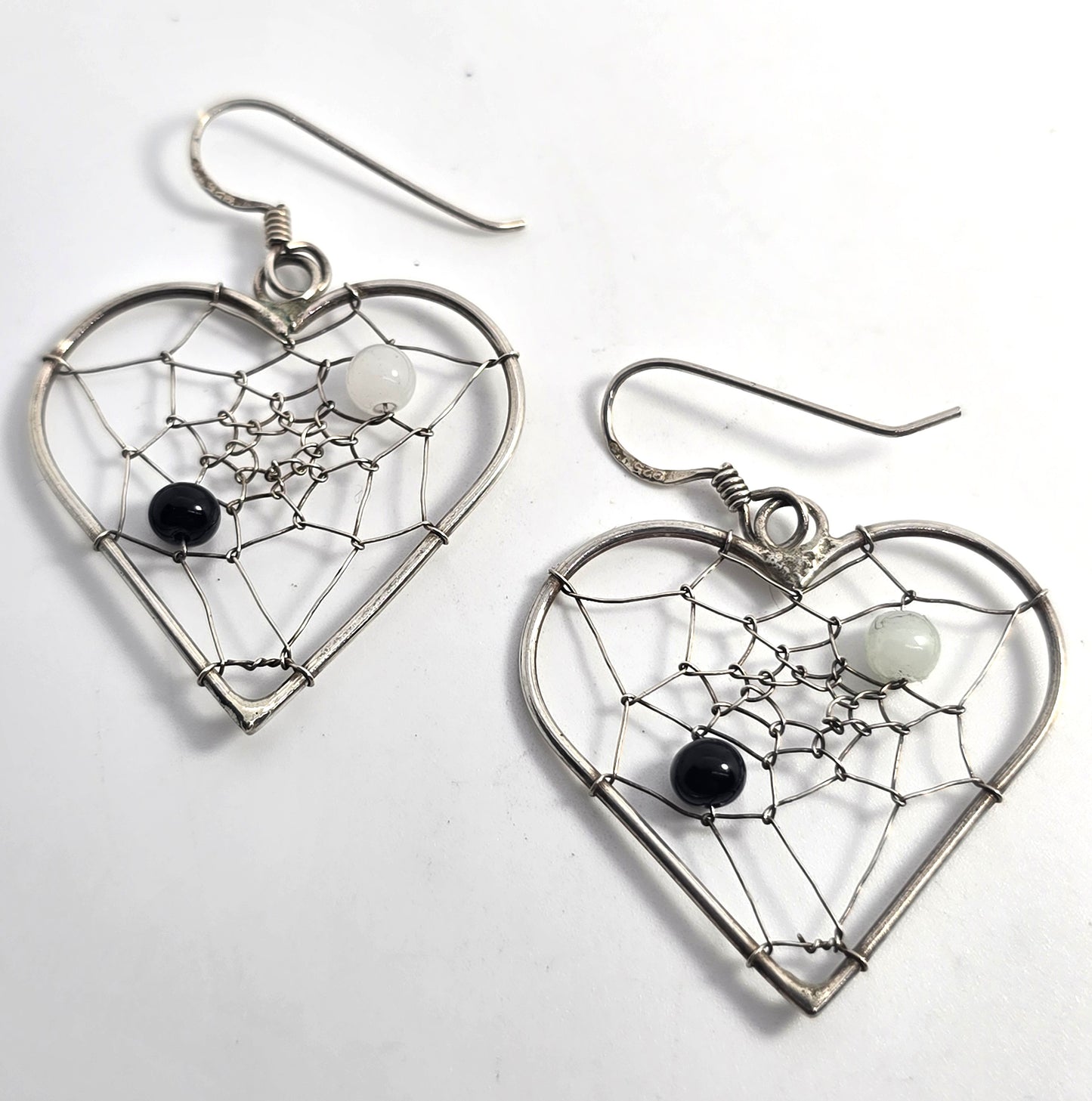 Dream catcher black & white heart sterling silver vintage Southwestern earrings