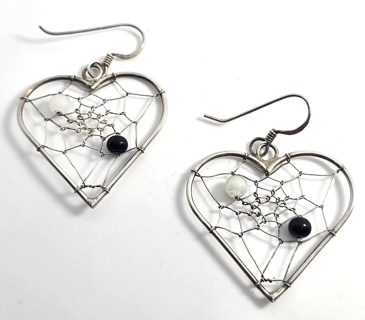 Dream catcher black & white heart sterling silver vintage Southwestern earrings