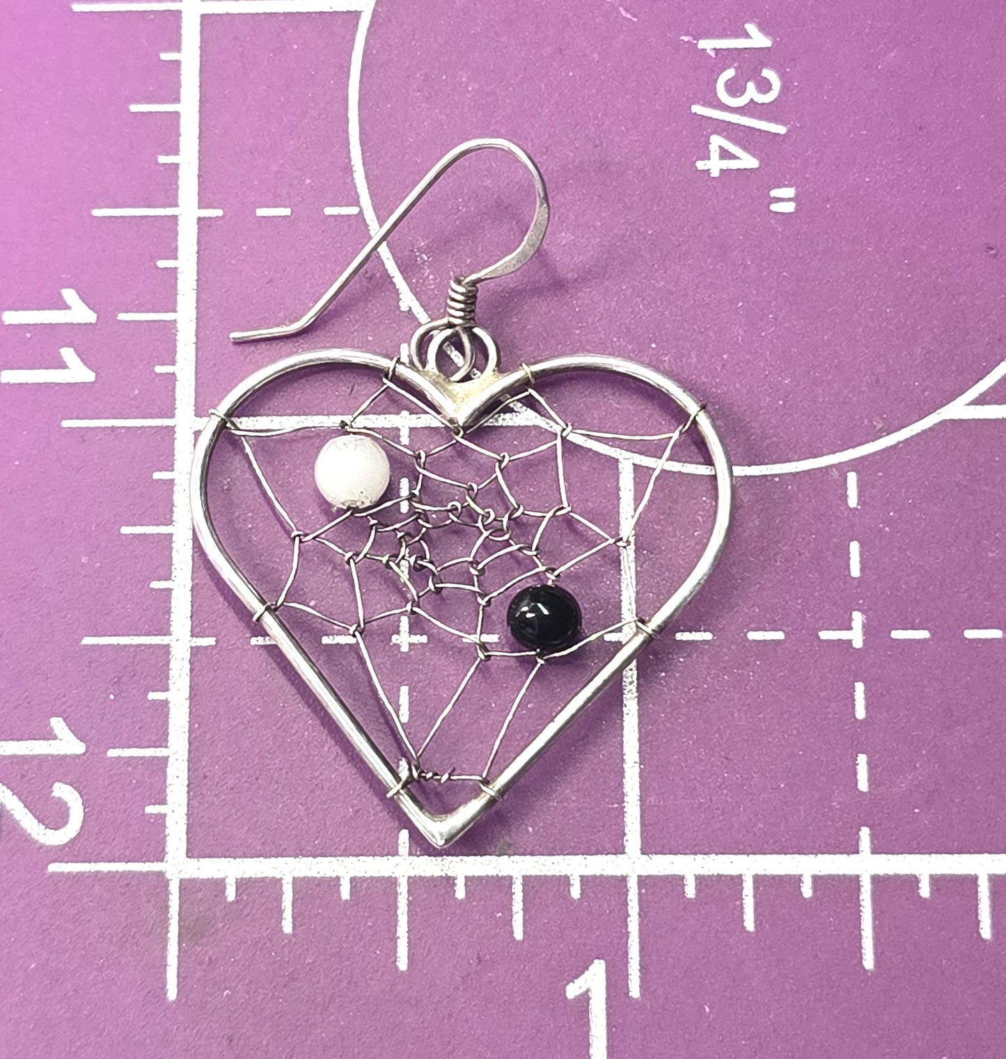 Dream catcher black & white heart sterling silver vintage Southwestern earrings