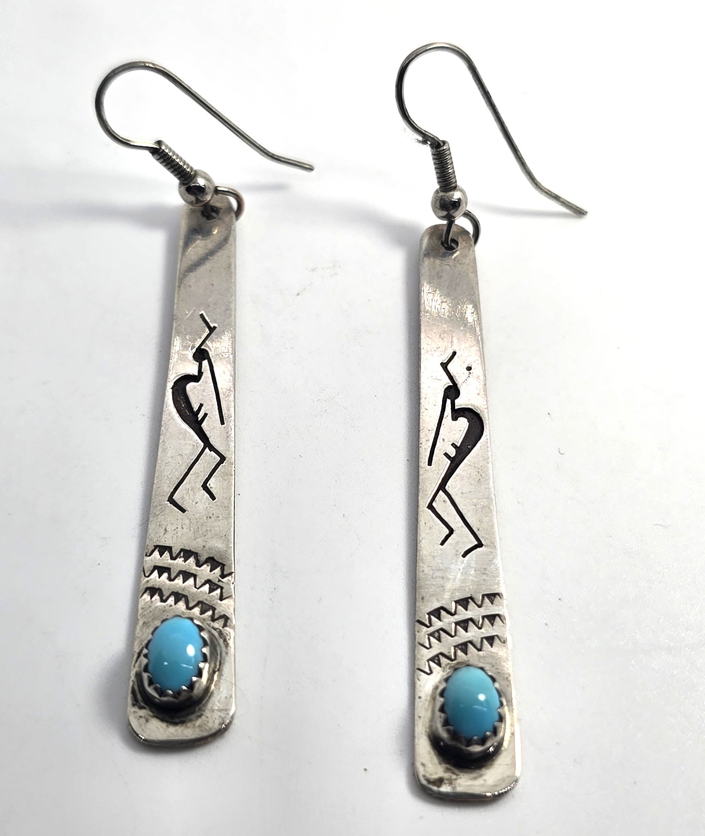 Kokopelli Stamped turquoise vintage sterling silver 2.75 inch long earrings