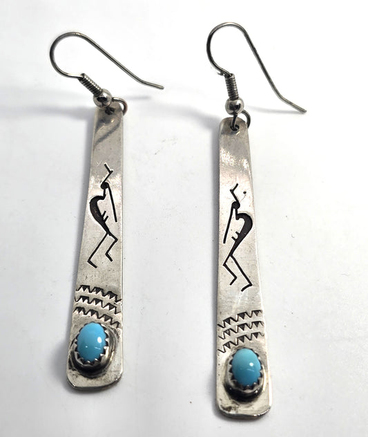 Kokopelli Stamped turquoise vintage sterling silver 2.75 inch long earrings