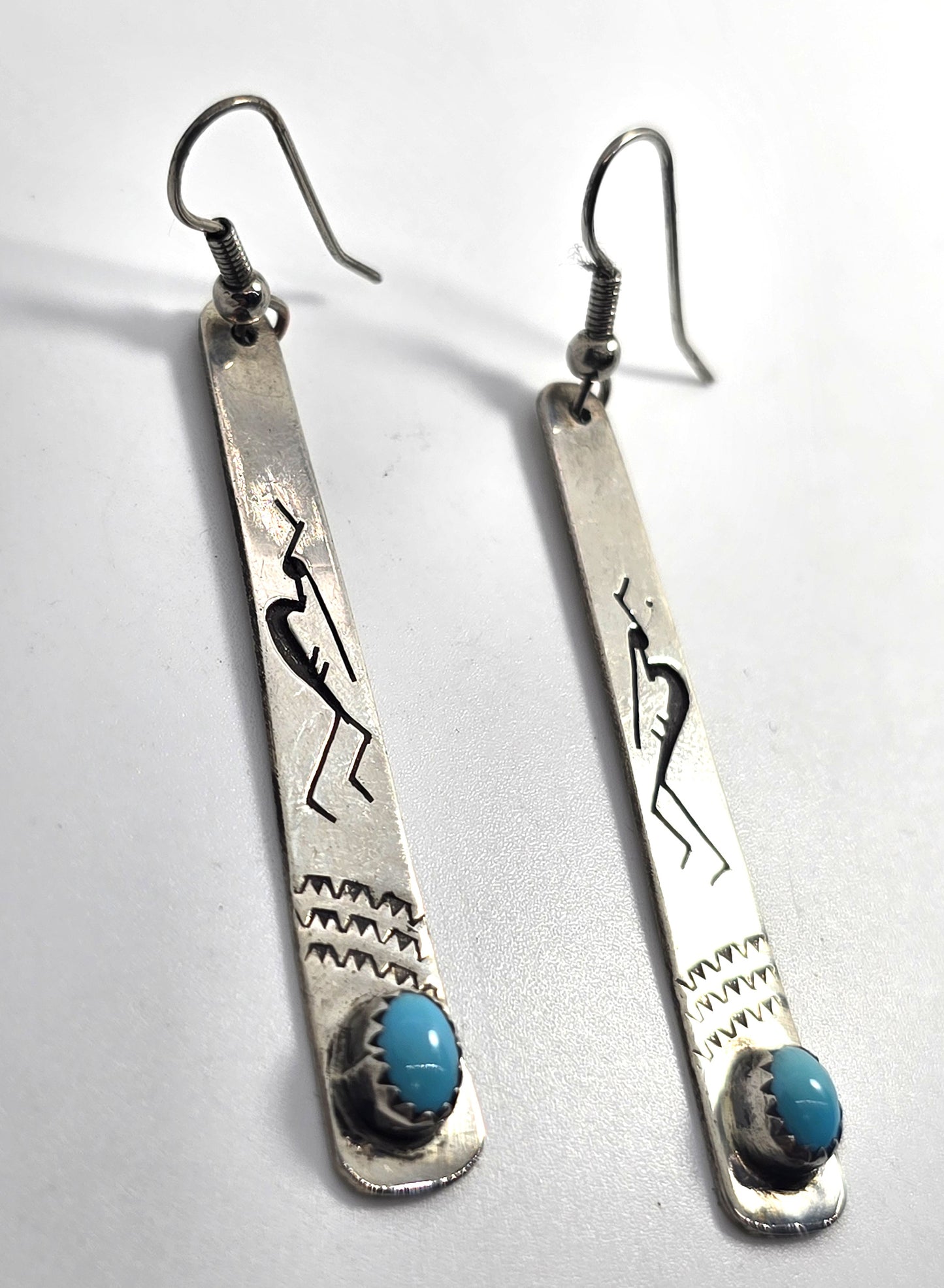 Kokopelli Stamped turquoise vintage sterling silver 2.75 inch long earrings