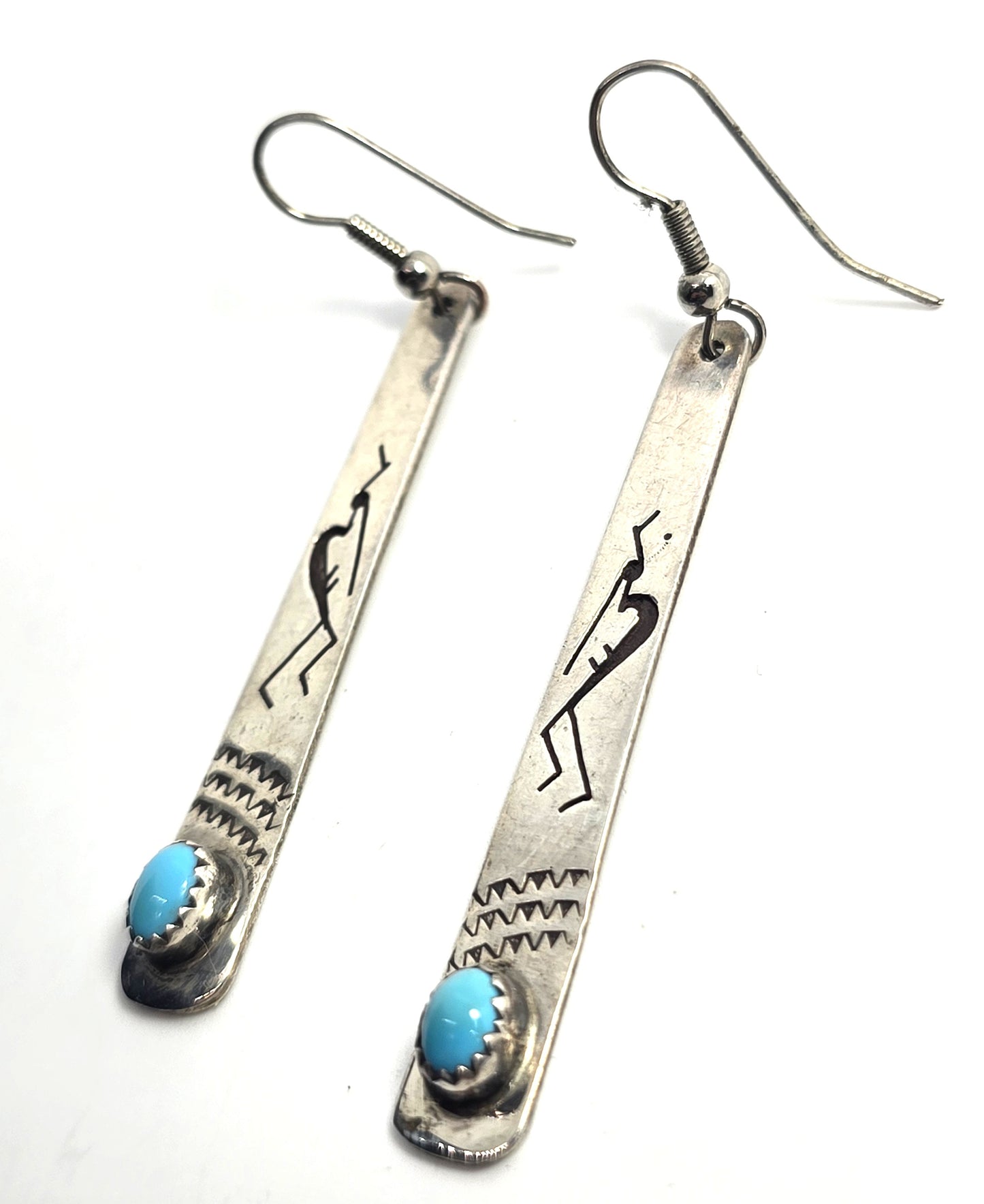 Kokopelli Stamped turquoise vintage sterling silver 2.75 inch long earrings
