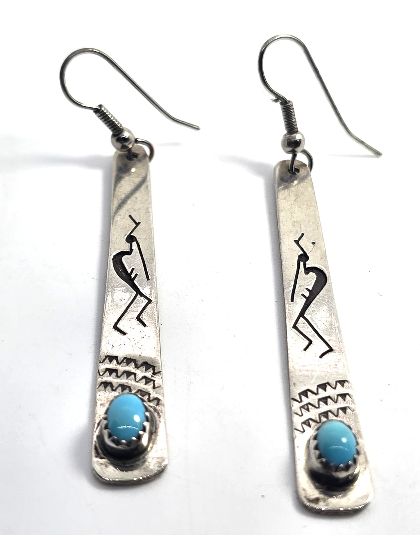 Kokopelli Stamped turquoise vintage sterling silver 2.75 inch long earrings