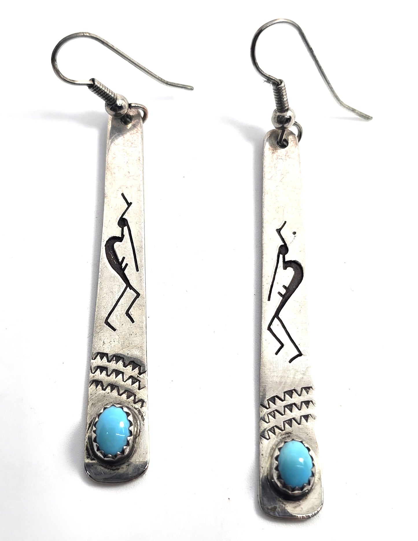 Kokopelli Stamped turquoise vintage sterling silver 2.75 inch long earrings