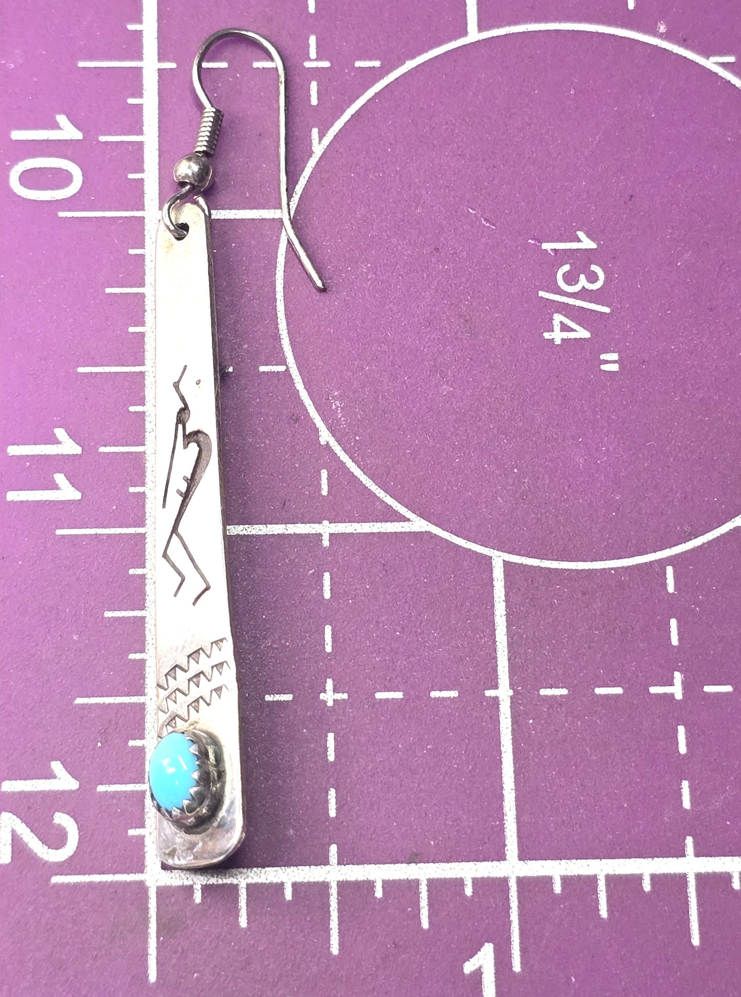 Kokopelli Stamped turquoise vintage sterling silver 2.75 inch long earrings