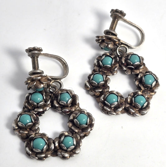 Zuni Snake Eyes petite point turquoise flower Sterling Silver screw back earrings