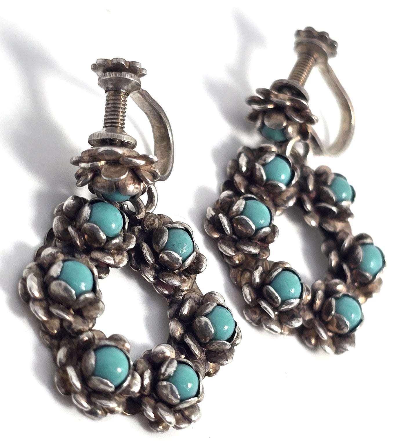 Zuni Snake Eyes petite point turquoise flower Sterling Silver screw back earrings