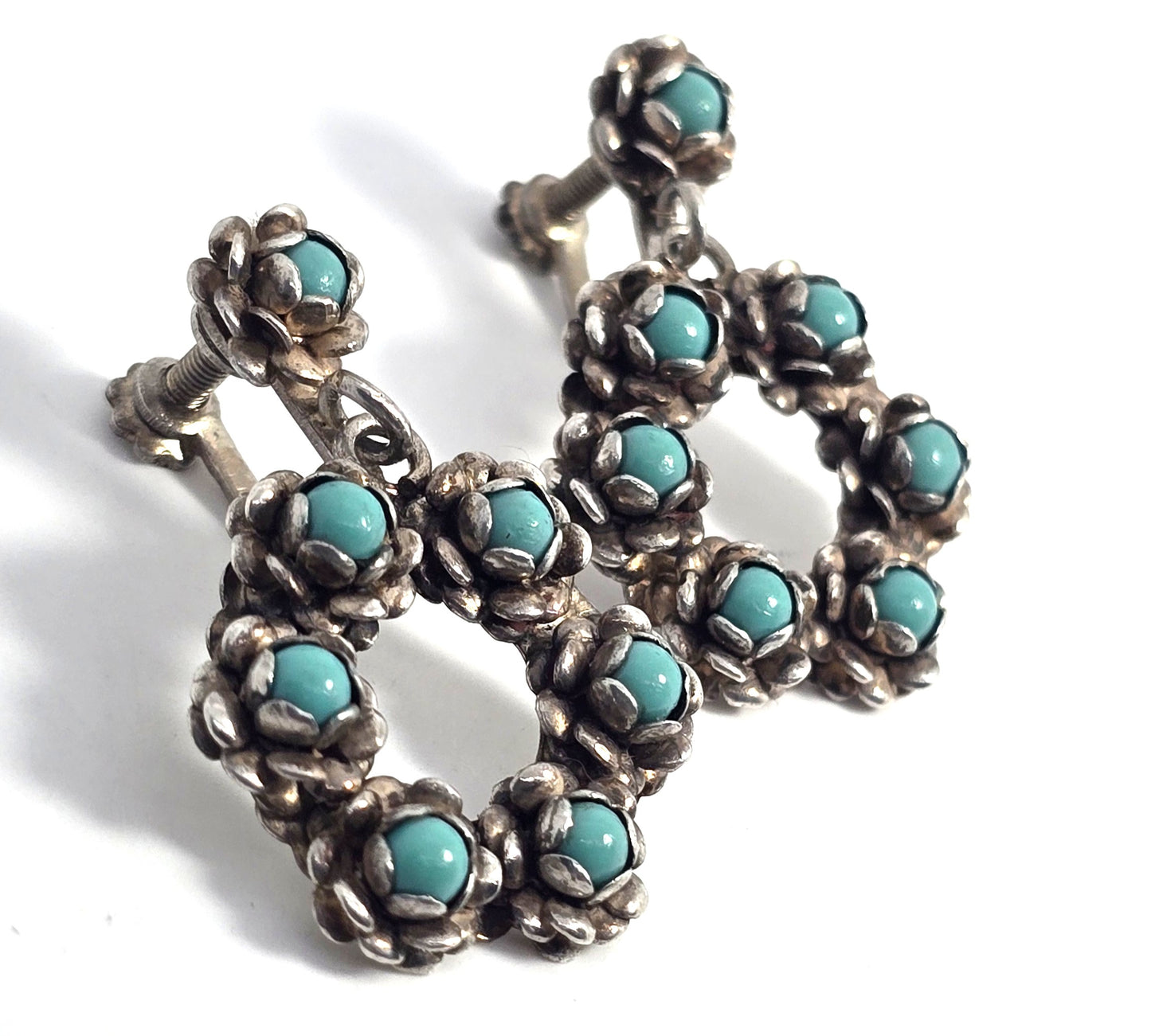 Zuni Snake Eyes petite point turquoise flower Sterling Silver screw back earrings