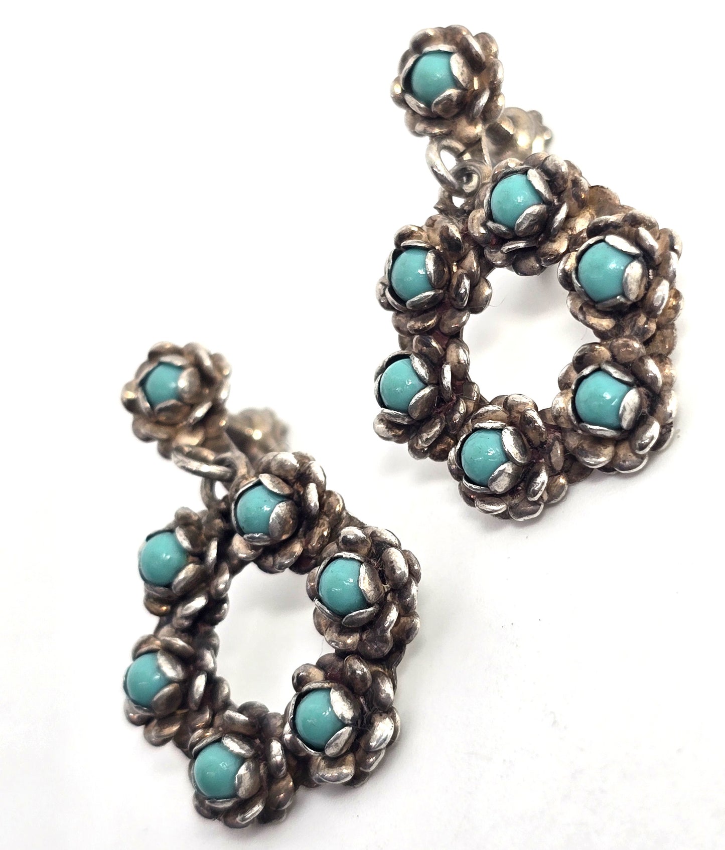 Zuni Snake Eyes petite point turquoise flower Sterling Silver screw back earrings