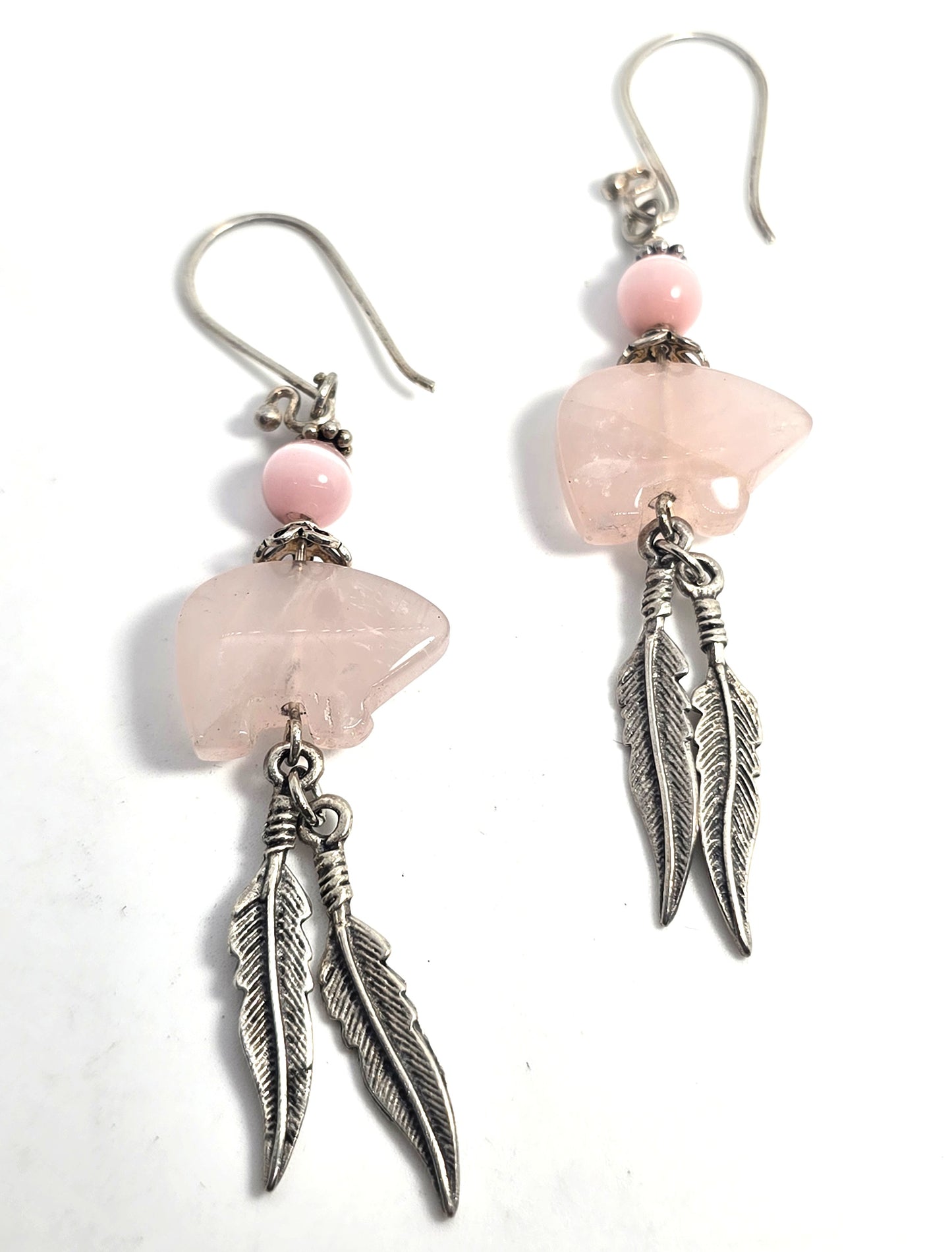 Zuni bear Rose Quartz silver plated pink cat's eye vintage Southwestern earrings