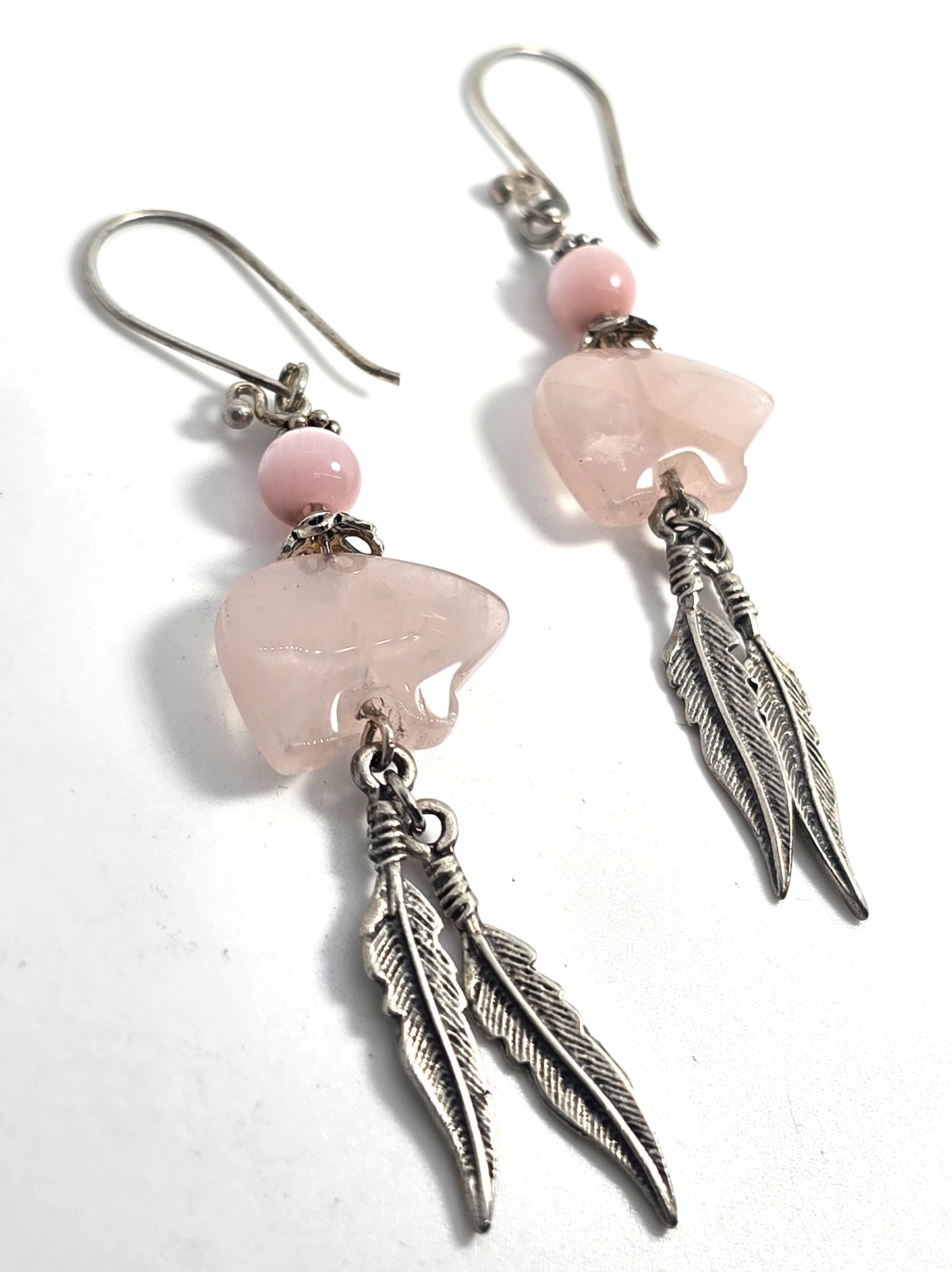 Zuni bear Rose Quartz silver plated pink cat's eye vintage Southwestern earrings