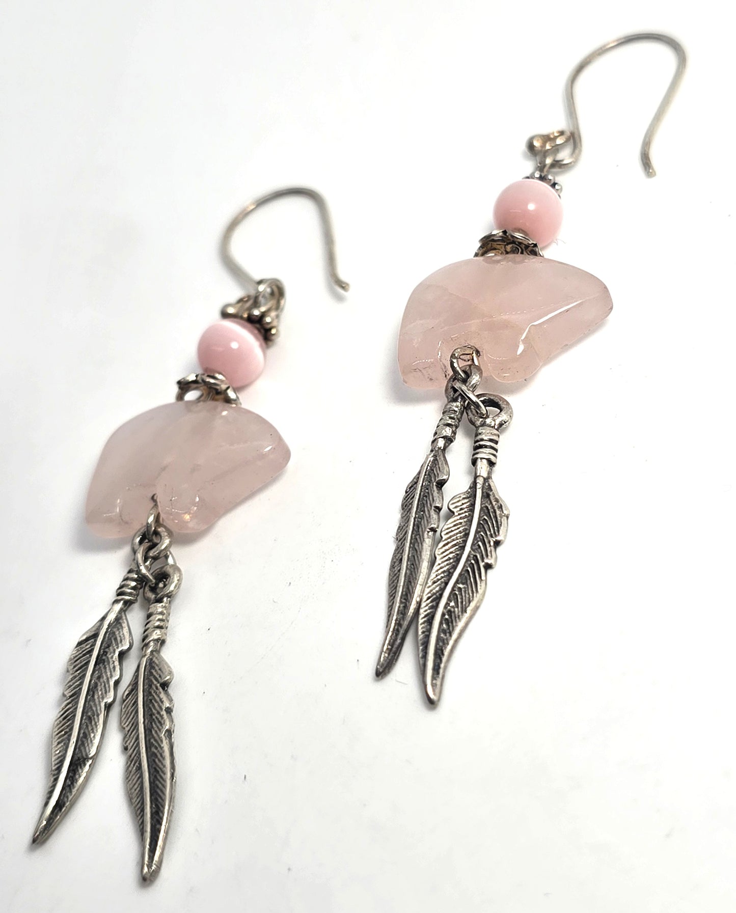 Zuni bear Rose Quartz silver plated pink cat's eye vintage Southwestern earrings