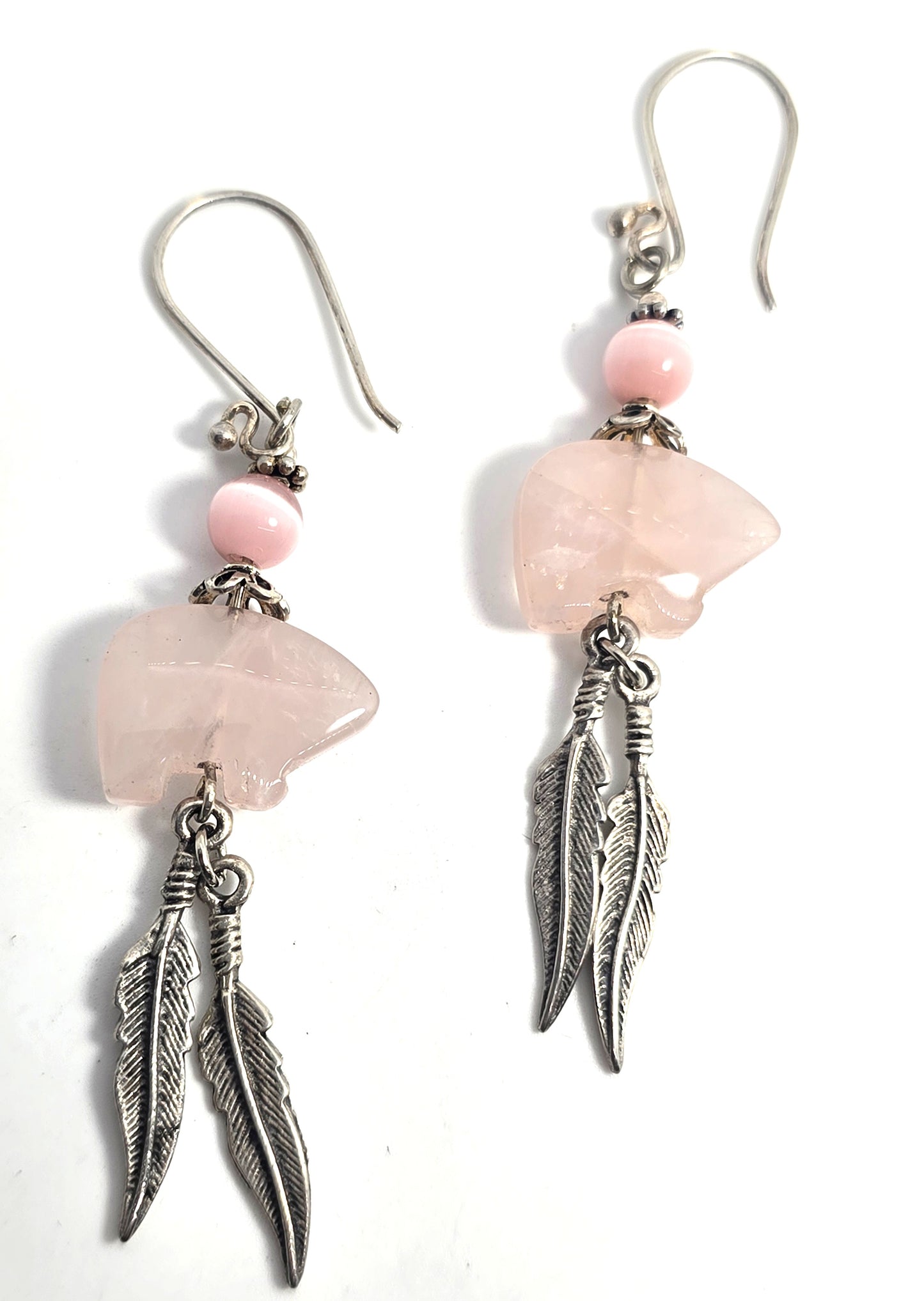 Zuni bear Rose Quartz silver plated pink cat's eye vintage Southwestern earrings