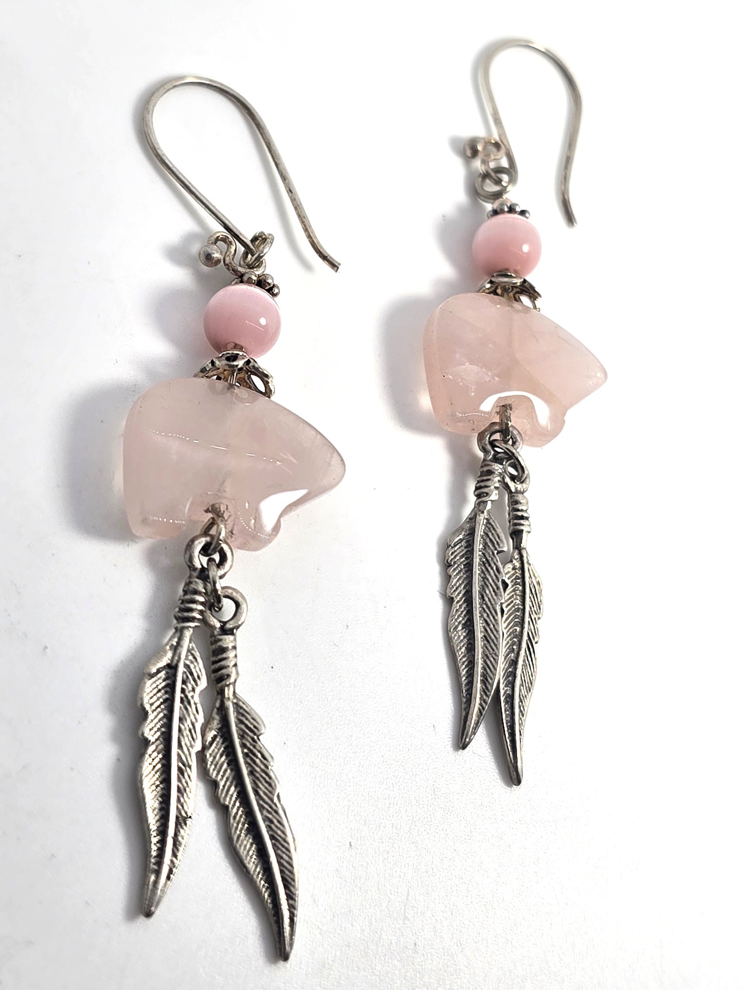 Zuni bear Rose Quartz silver plated pink cat's eye vintage Southwestern earrings
