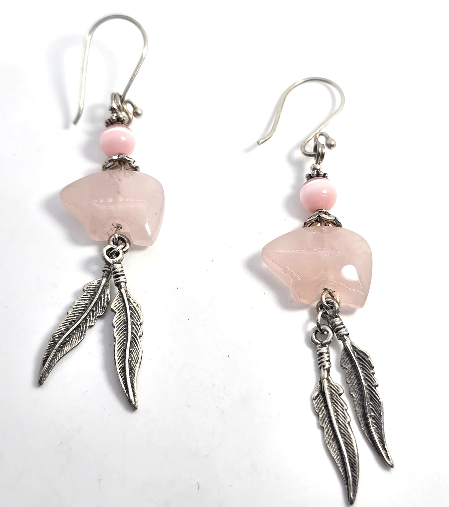 Zuni bear Rose Quartz silver plated pink cat's eye vintage Southwestern earrings