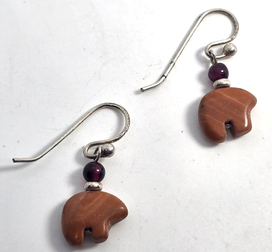 Zuni bear orange jasper garnet silver plated vintage Southwestern drop earrings