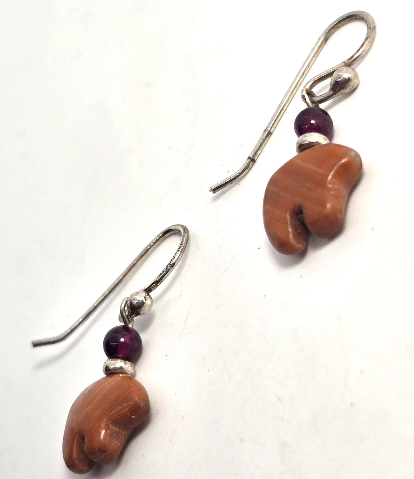 Zuni bear orange jasper garnet silver plated vintage Southwestern drop earrings