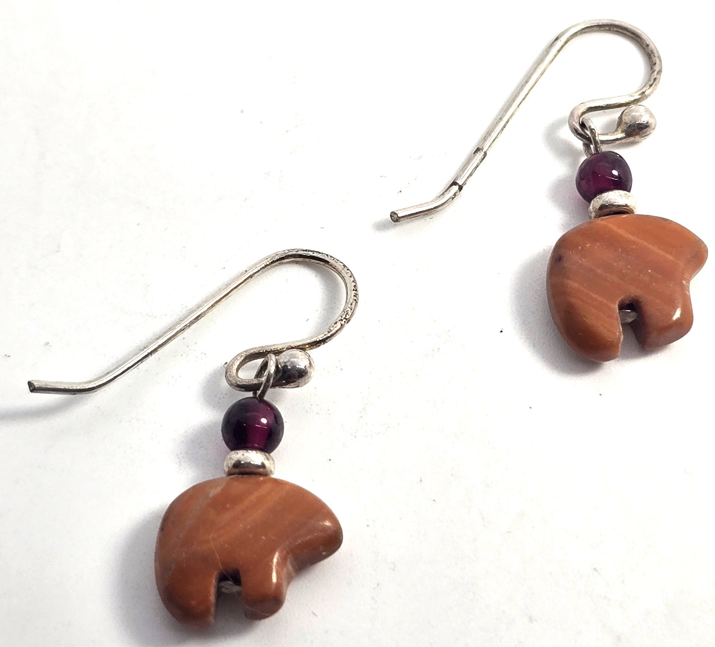 Zuni bear orange jasper garnet silver plated vintage Southwestern drop earrings