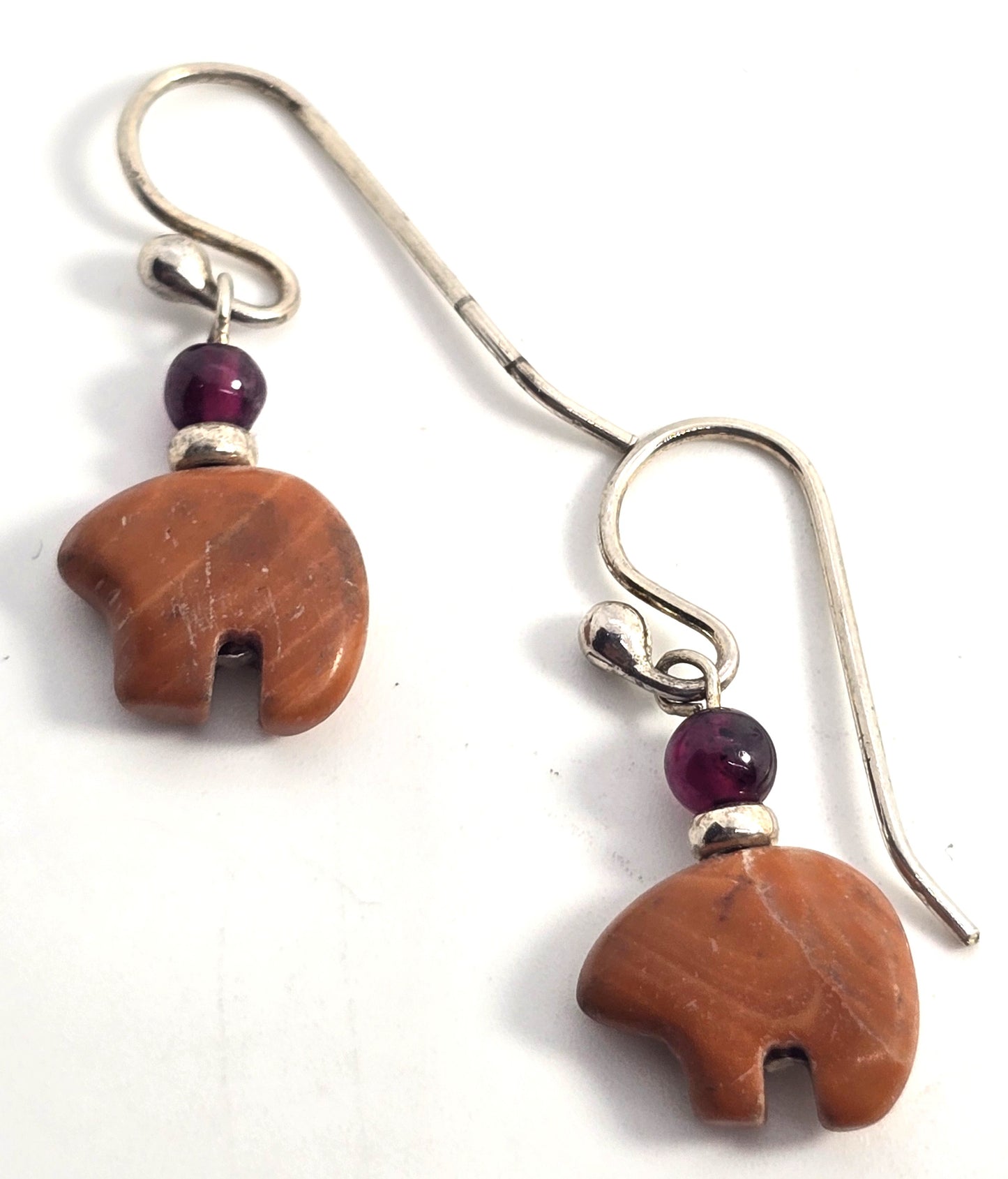 Zuni bear orange jasper garnet silver plated vintage Southwestern drop earrings