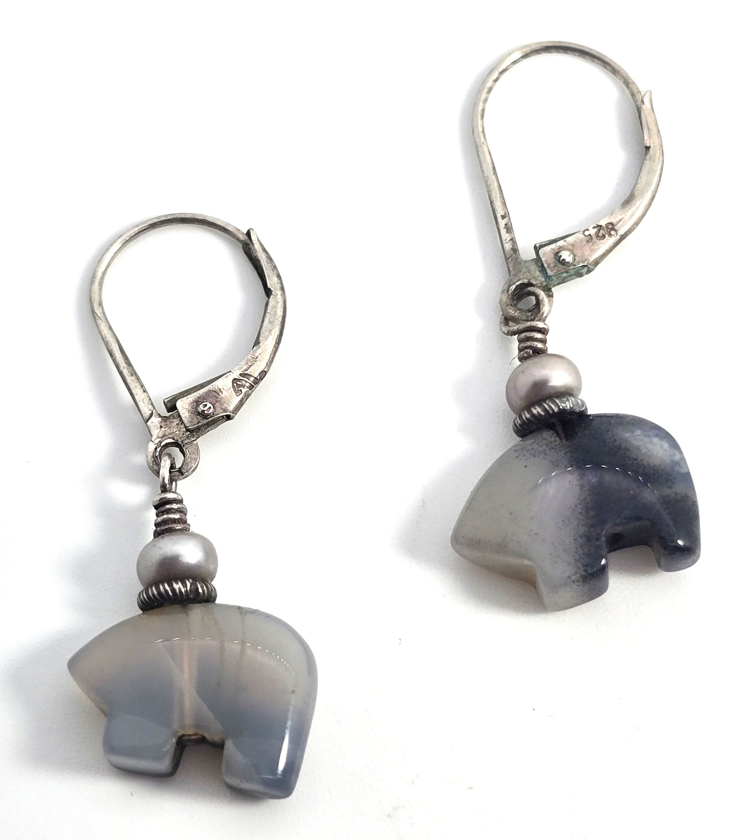 Zuni bear gray agate sterling silver vintage Southwestern lever back drop earrings