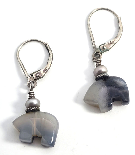 Zuni bear gray agate sterling silver vintage Southwestern lever back drop earrings