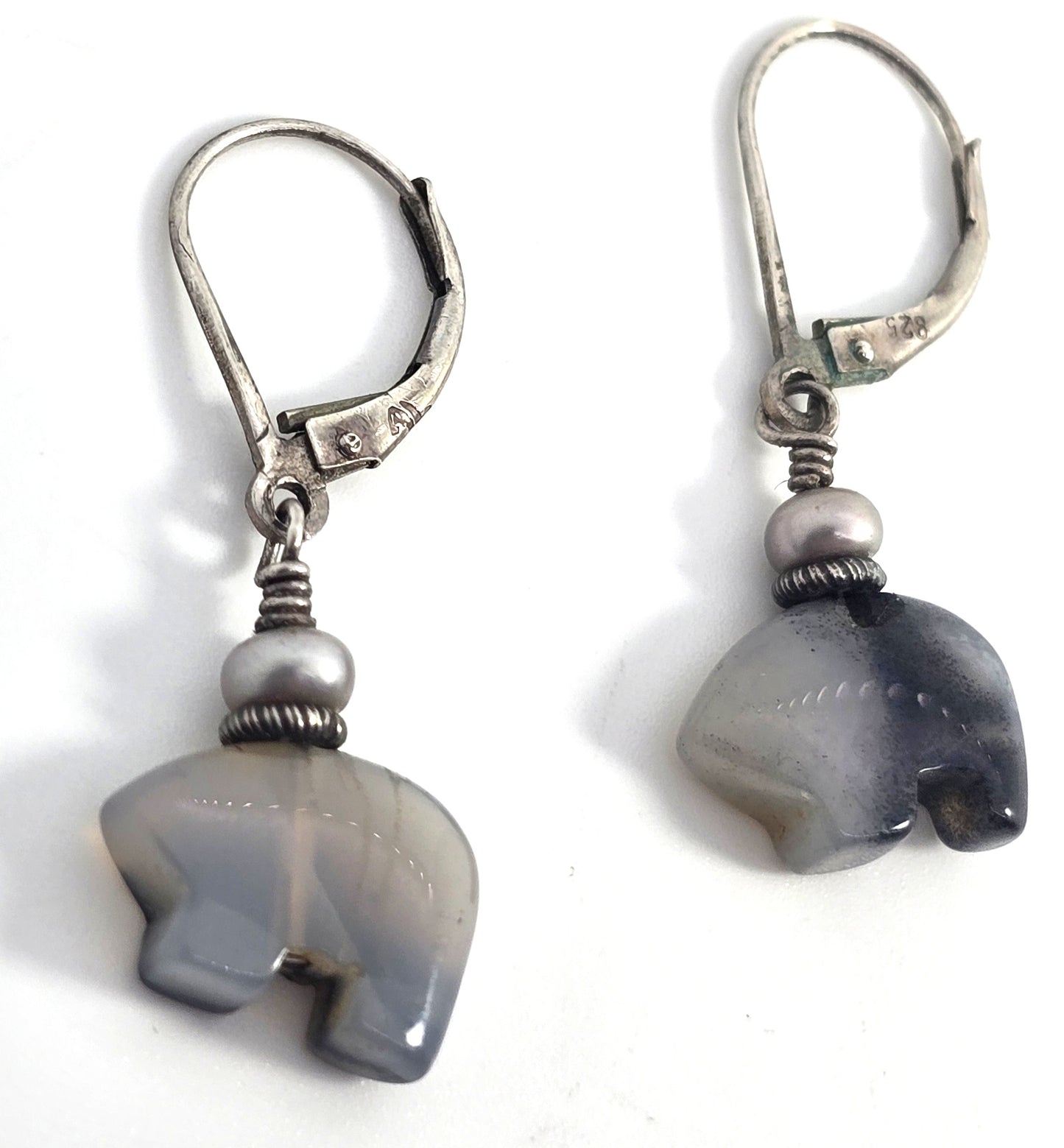 Zuni bear gray agate sterling silver vintage Southwestern lever back drop earrings