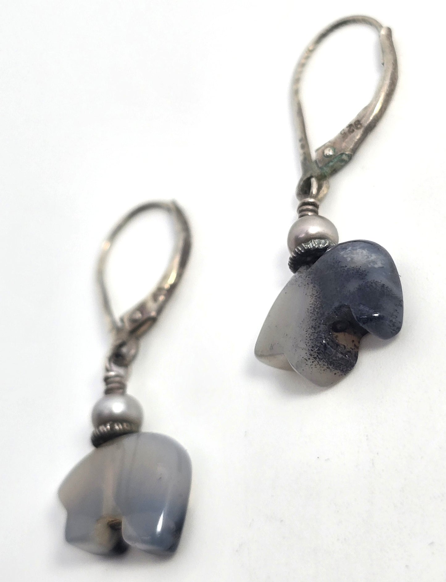 Zuni bear gray agate sterling silver vintage Southwestern lever back drop earrings