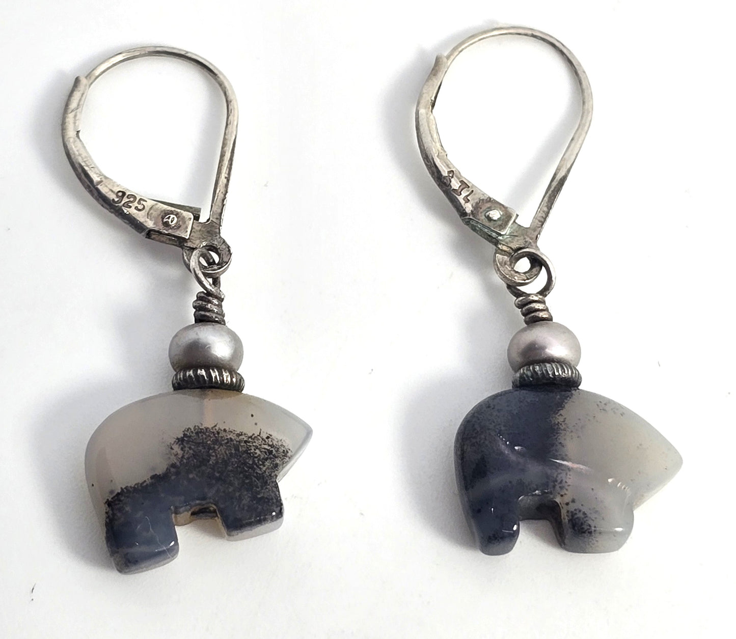 Zuni bear gray agate sterling silver vintage Southwestern lever back drop earrings