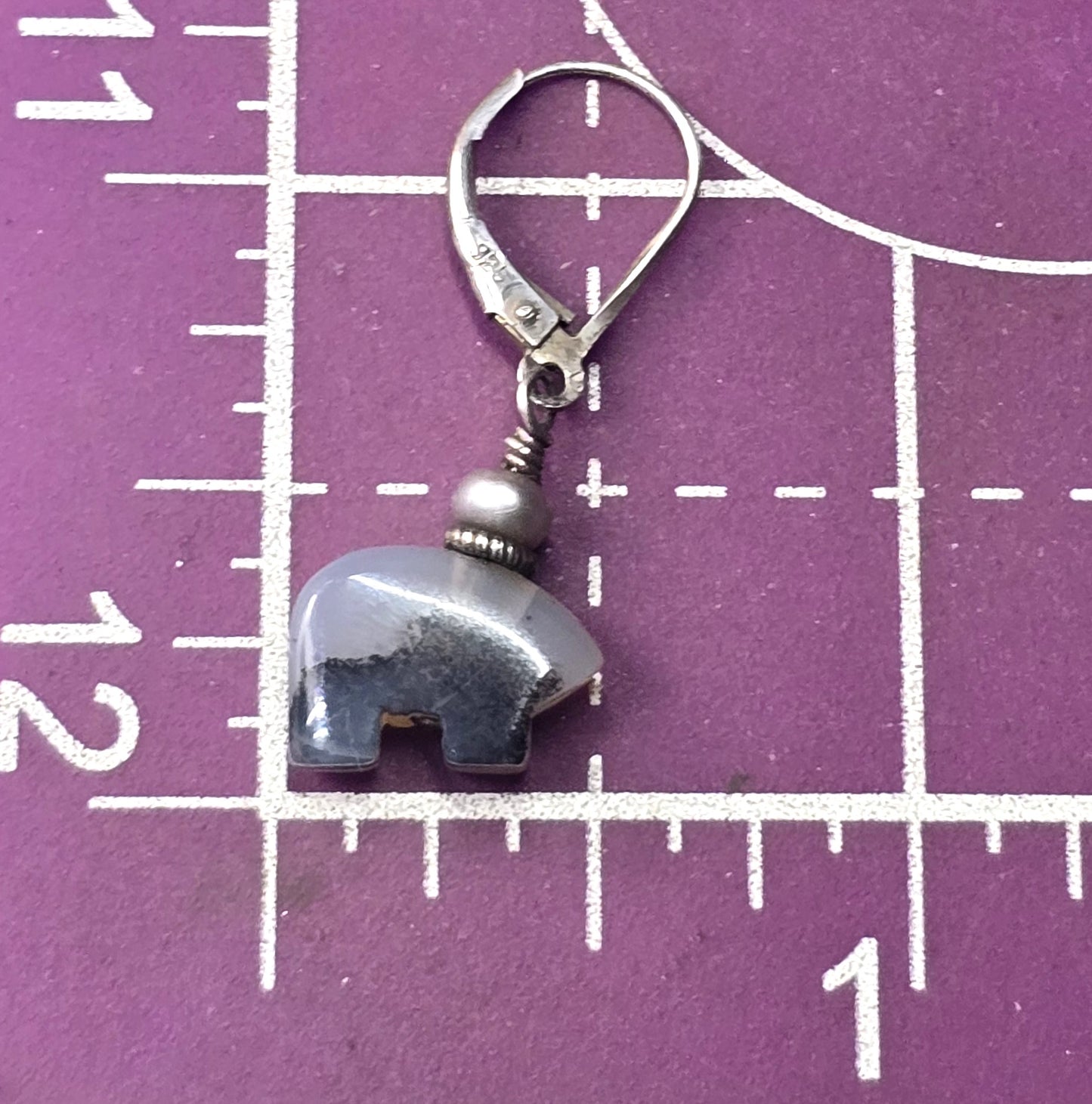 Zuni bear gray agate sterling silver vintage Southwestern lever back drop earrings