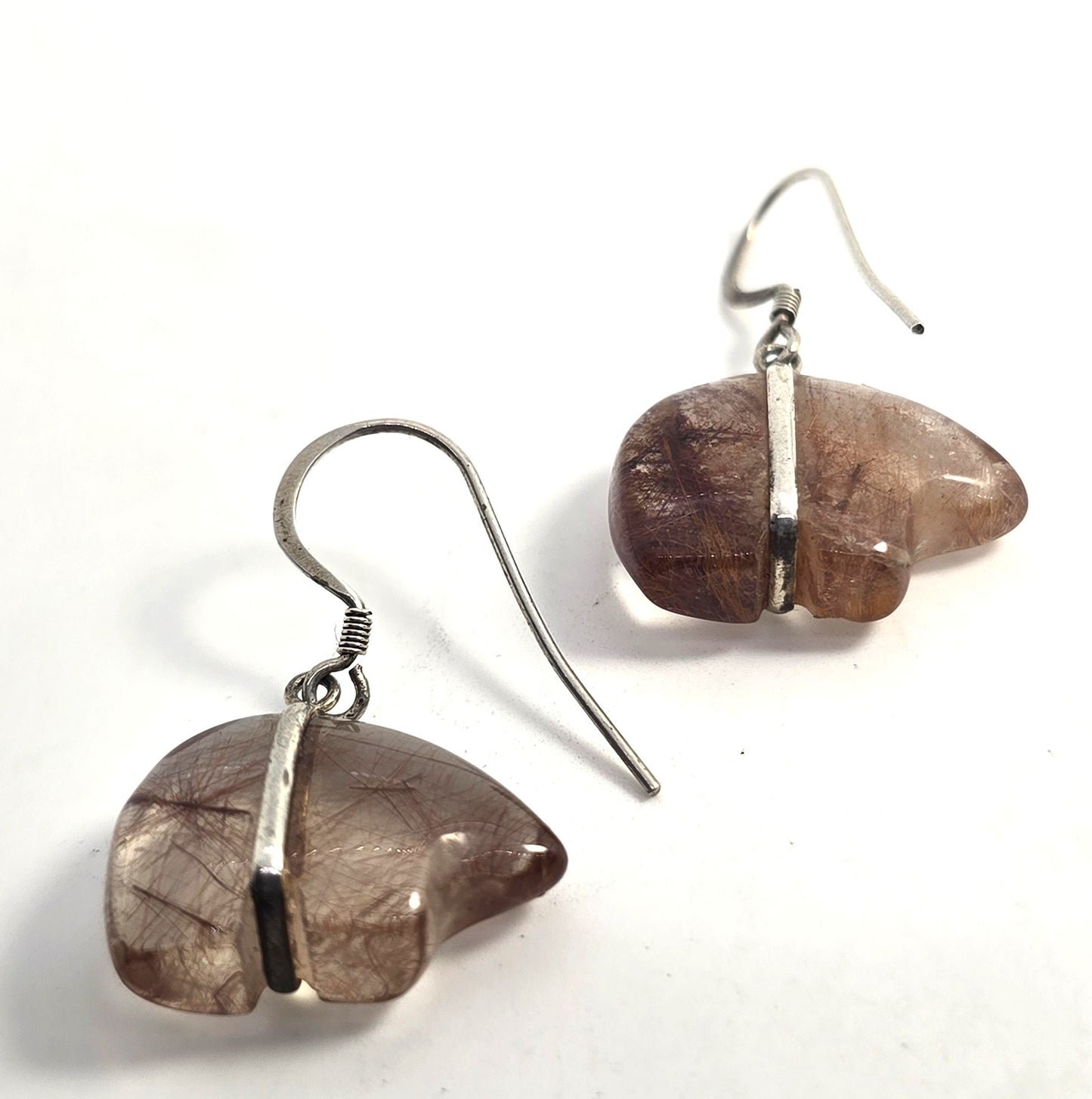 Zuni bear red rutilated quartz sterling silver vintage Southwestern earrings