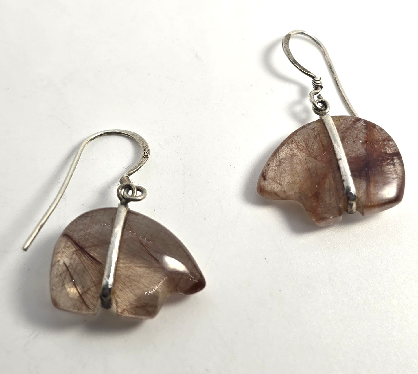 Zuni bear red rutilated quartz sterling silver vintage Southwestern earrings