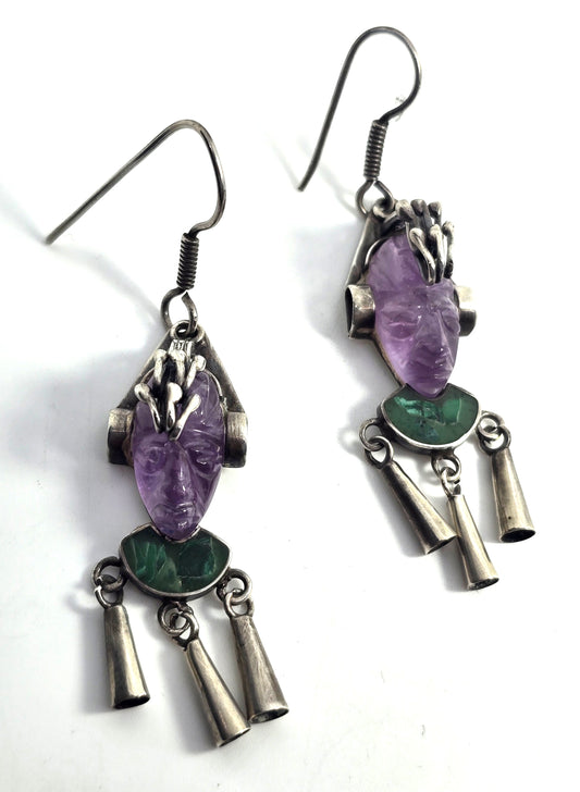 DAC Amethyst malachite Mask Hencho en Mexico sterling silver vintage Taxco earrings