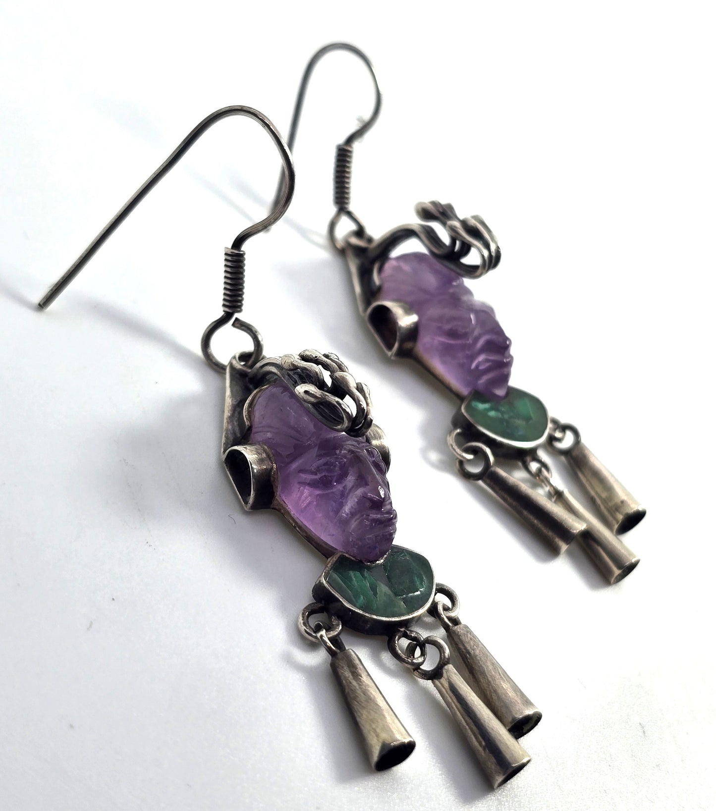DAC Amethyst malachite Mask Hencho en Mexico sterling silver vintage Taxco earrings