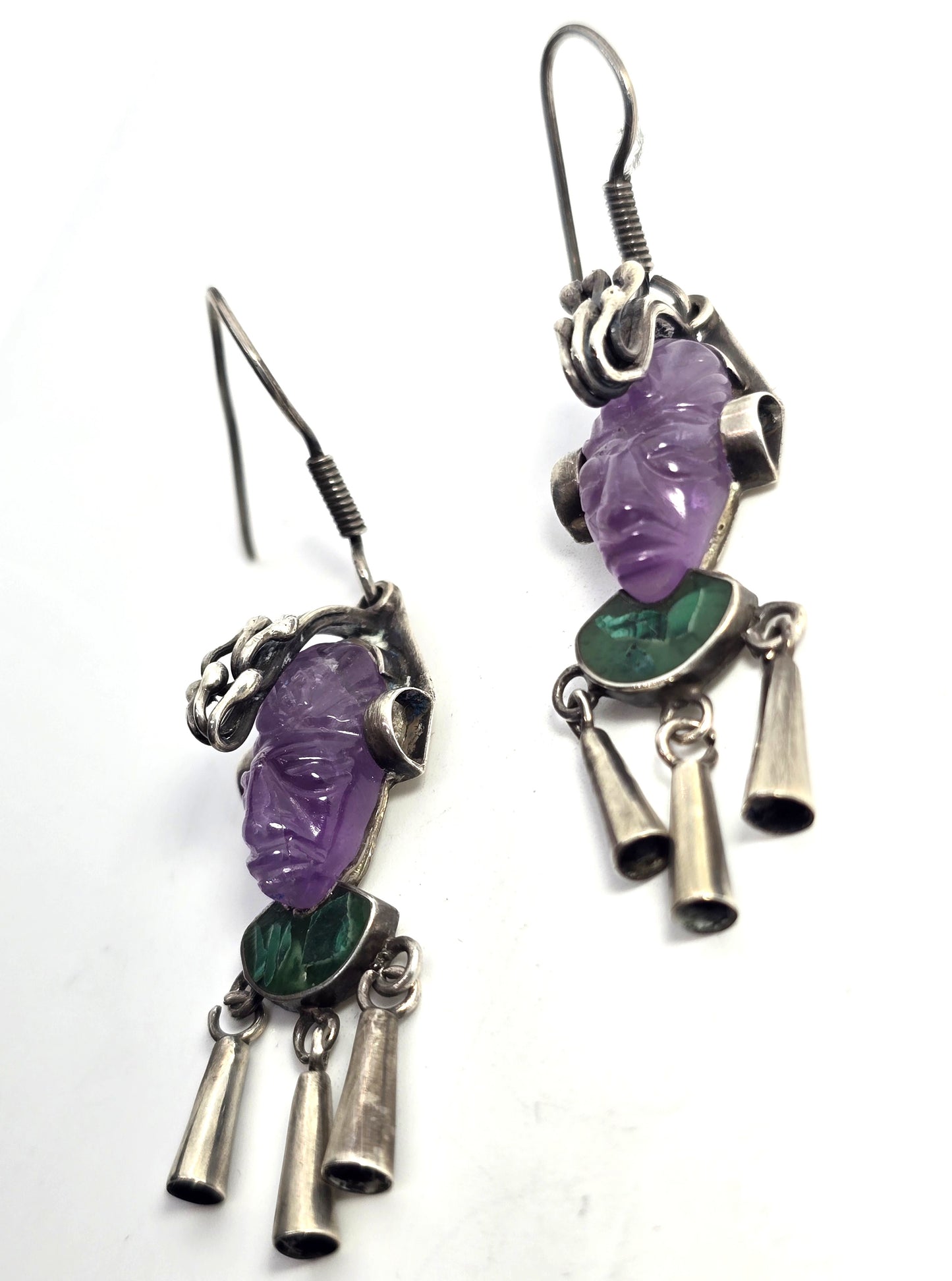 DAC Amethyst malachite Mask Hencho en Mexico sterling silver vintage Taxco earrings
