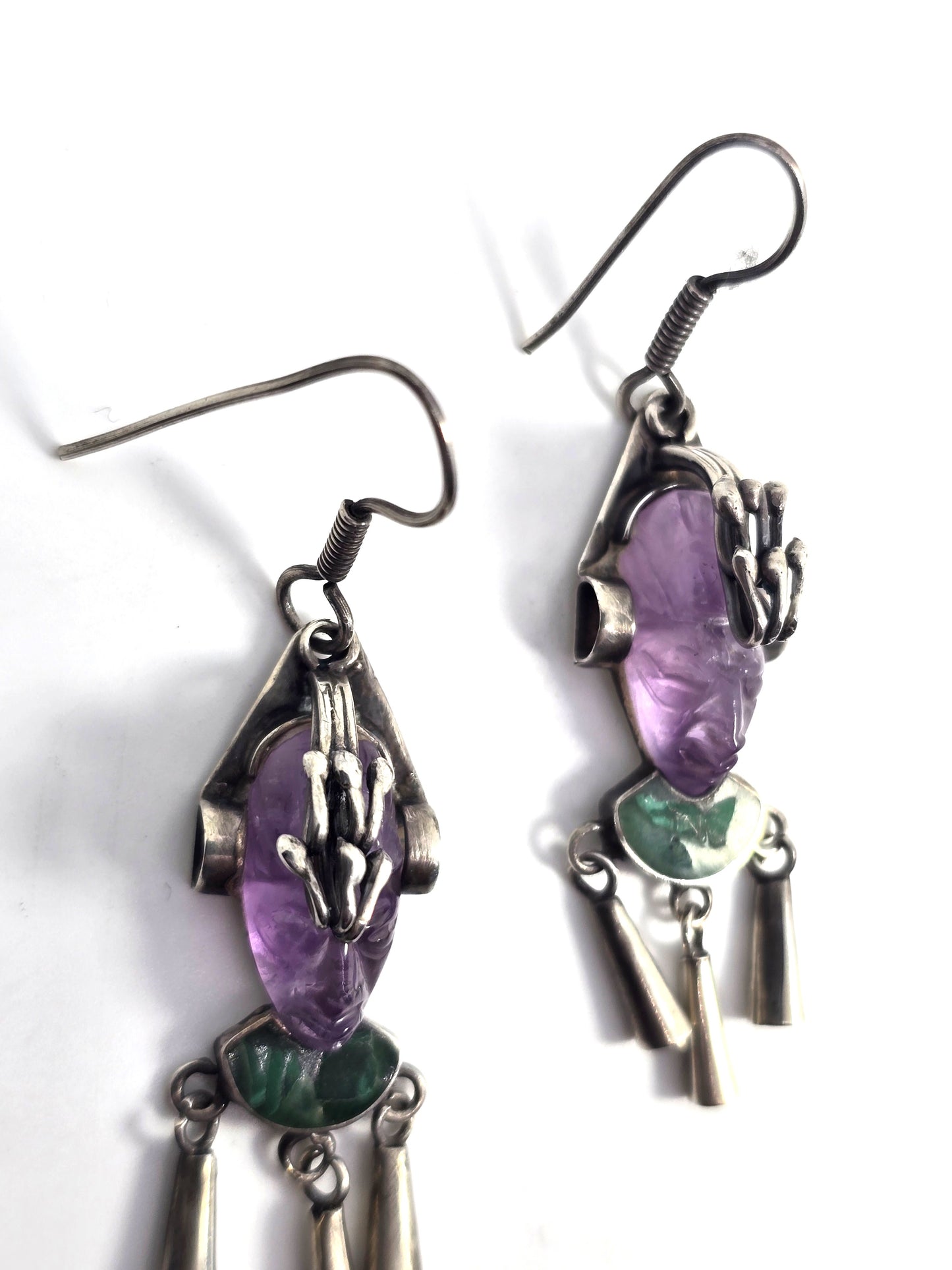 DAC Amethyst malachite Mask Hencho en Mexico sterling silver vintage Taxco earrings