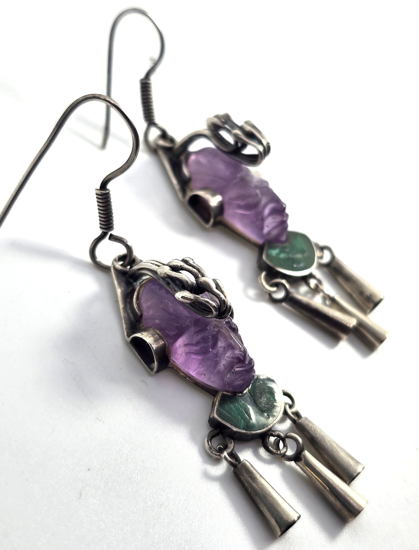 DAC Amethyst malachite Mask Hencho en Mexico sterling silver vintage Taxco earrings