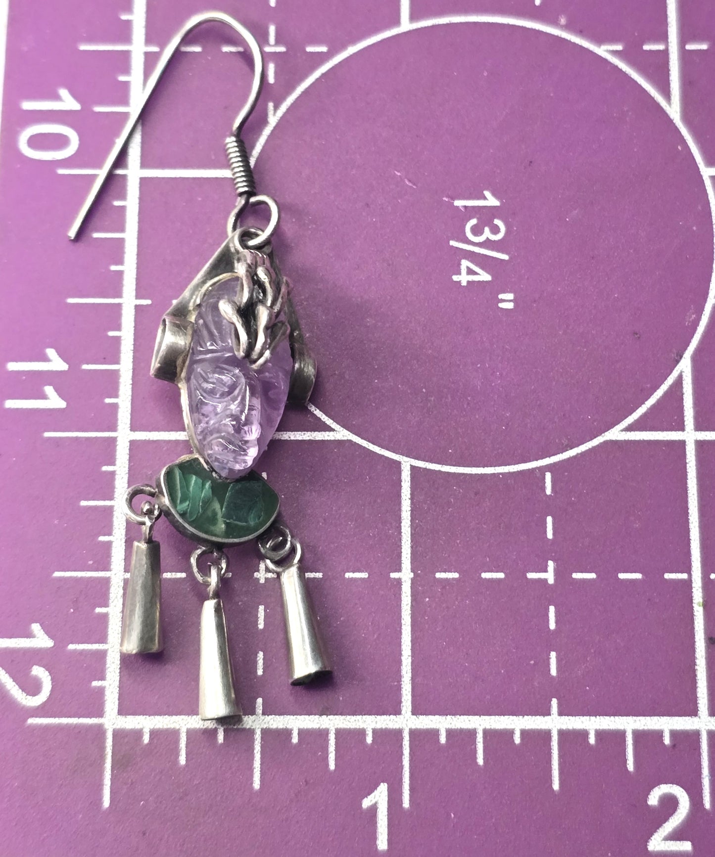 DAC Amethyst malachite Mask Hencho en Mexico sterling silver vintage Taxco earrings